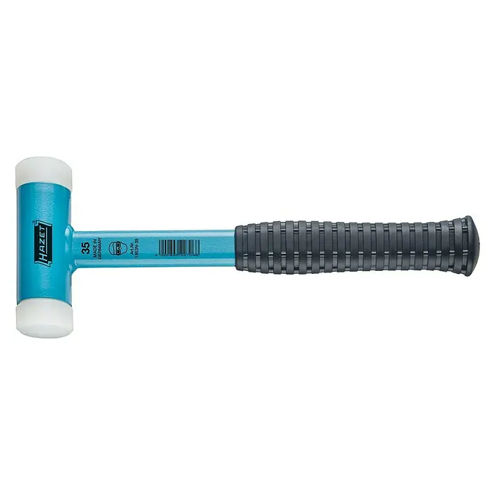 Hazet Schonhammer - Durchmesser Kopf: 35 mm - Ein blauer HAZET Schonhammer mit weißen Köpfen und einem schwarzen Griff, ideal für präzise Arbeiten ohne Beschädigung.