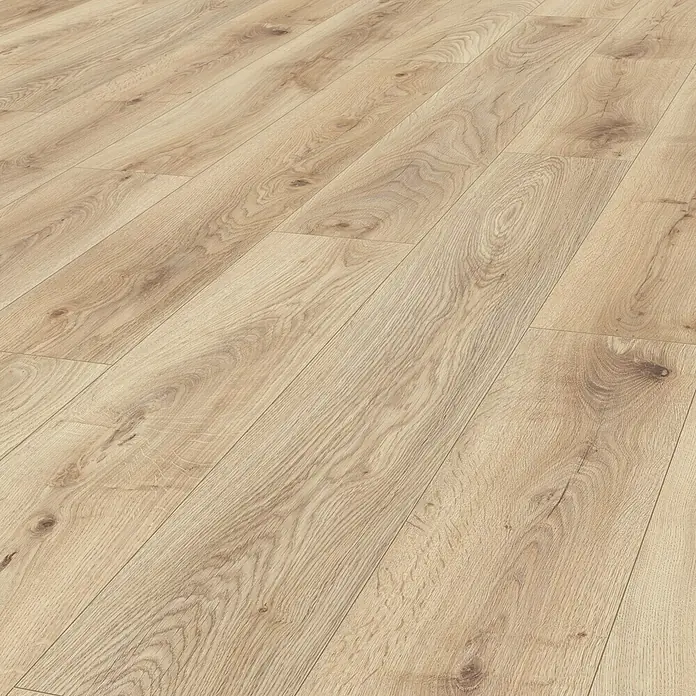 LOGOCLIC Ambienta Laminatmuster Honig Eiche - 297 x 195 x 1 mm, Landhausdiele - Dieses Bild zeigt einen hellen Laminatboden in Holzoptik, der eine warme und einladende Atmosphäre vermittelt und die natürliche Maserung betont.