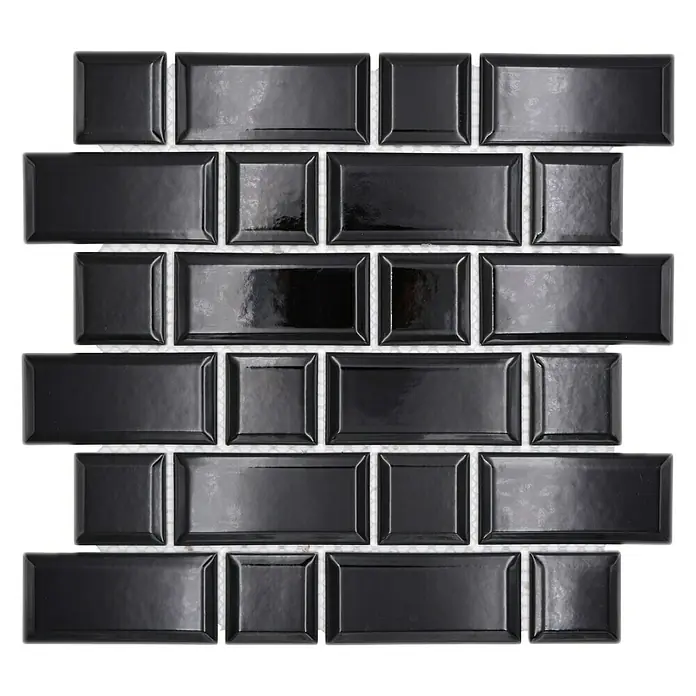 Mosaikfliese Metro Uni CG M02BM - 29,4 x 29,1 cm, Schwarz, Glänzend - Schwarze glänzende Metrofliesen, stilvoll angeordnet für ein modernes Erscheinungsbild. Perfekt für Küche oder Bad, schaffen sie eine elegante Atmosphäre.