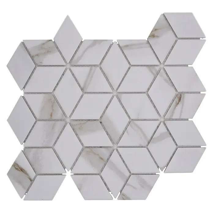 Mosaikfliese Diamant CIM POV CT - 26,6 x 30,5 cm, Beige/Braun/Weiß, Matt - Nahaufnahme der Marmor-Mosaikfliese in Rautenform, die ein elegantes und modernes Design für Wände und Böden bietet.