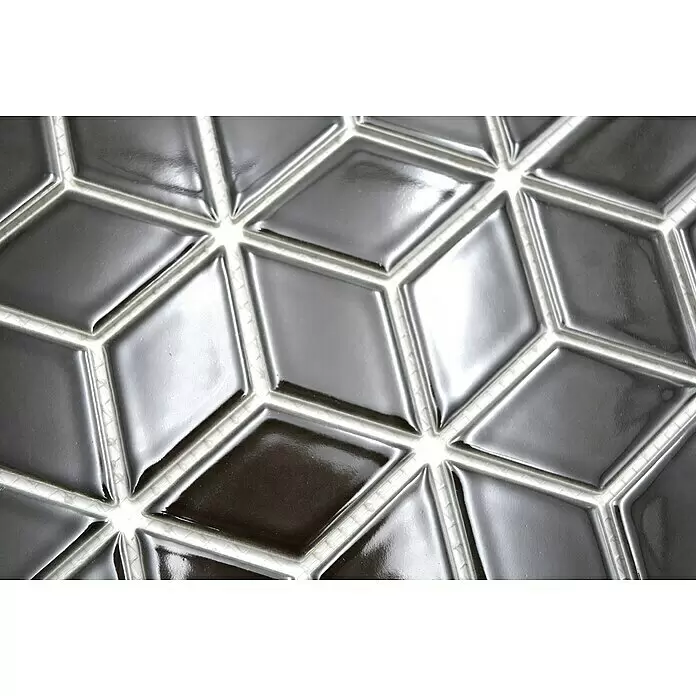 Mosaikfliese Würfel POV 03 - 26,6 x 30,5 cm, Schwarz, Glänzend - Glänzende dunkelgraue Rautenfliesen bilden ein geometrisches 3D-Würfelmuster auf einer Fläche.