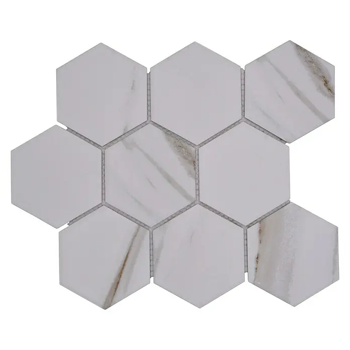 Mosaikfliese Hexagon CIM HX9 CT - 25,6 x 29,55 cm, Beige/Braun/Weiß, Matt - Hexagonale Marmorfliesen in Weiß mit grauen Akzenten, ideal für stilvolle Wand- und Bodengestaltungen.