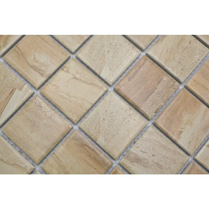 Mosaikfliese Quadrat CTR Q31CM - 30,6 x 30,6 cm, Beige, Matt - Nahaufnahme von quadratischen, beigen Steinzeugfliesen, die in einem dekorativen Muster für Boden- oder Wandbeläge angeordnet sind.