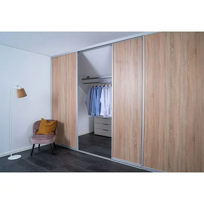 Room Plaza Easy Doing Schiebetür-Bau-Set - Eiche geplankt, Farbe Beschlag: Silber - Einbauschrank mit Holzfronten und Spiegeltür, der Stauraum und ein modernes Design für jedes Schlafzimmer bietet.