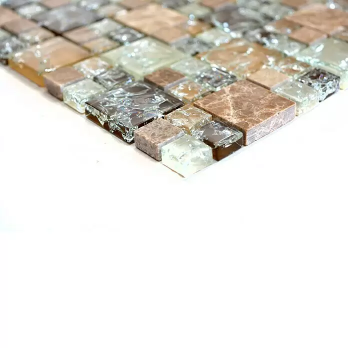 Mosaikfliese Crystal Mix XIC K1453 - 30,5 x 30,5 cm, Braun/Beige, Glänzend - Mosaikfliesenmatte mit gemischten Naturstein- und Glasfliesen in neutralen, erdigen Tönen.