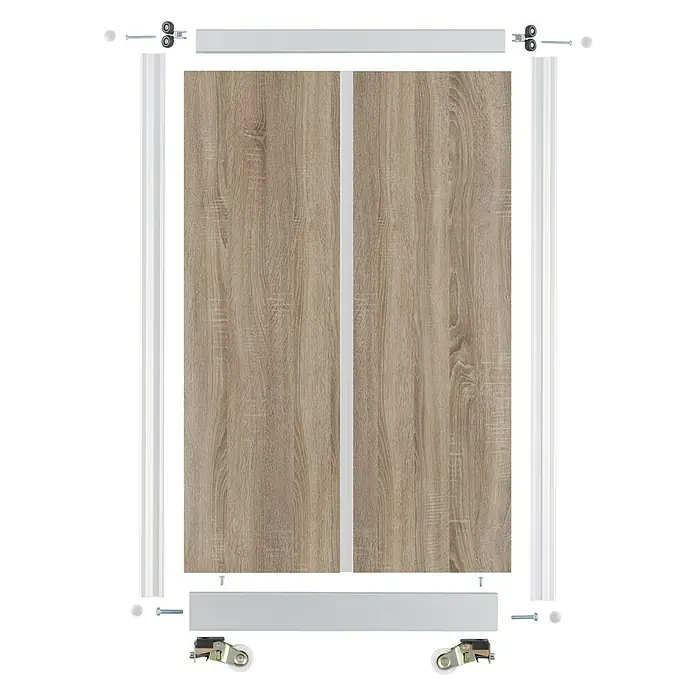 Room Plaza Easy Doing Schiebetür-Bau-Set - Eiche Country, Farbe Beschlag: Silber - Abbildung eines Kleiderschranks mit Schiebetüren in Holzoptik und silbernen Beschlägen. Das Möbelstück ist modern und funktional gestaltet.