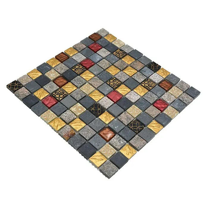 Mosaikfliese Quadrat Crystal Mix XCM CR47 - 30 x 30 cm, Grau/Schwarz, Glänzend - Nahaufnahme eines dekorativen Mosaiks mit kleinen, bunten Quadraten, ideal für Innenraumgestaltung.
