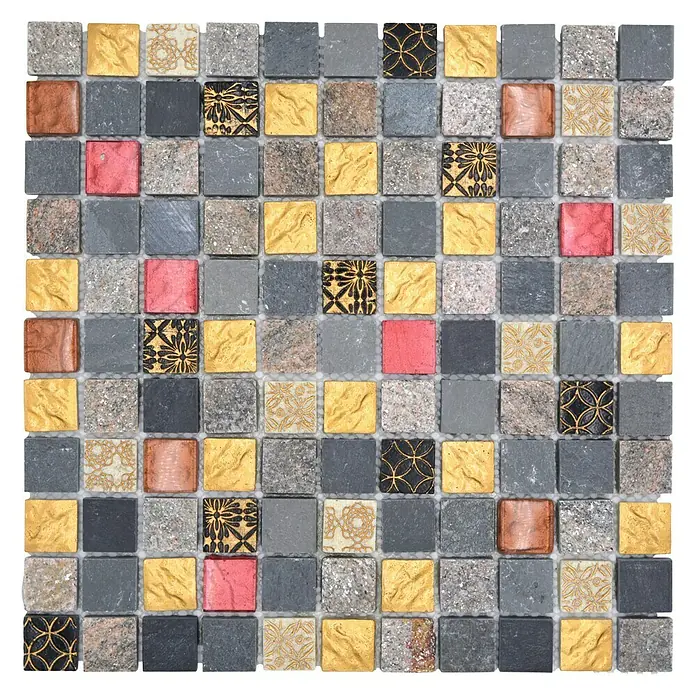 Mosaikfliese Quadrat Crystal Mix XCM CR47 - 30 x 30 cm, Grau/Schwarz, Glänzend - Nahaufnahme von Mosaikfliesen in verschiedenen Farben und Mustern, die ein lebendiges und dekoratives Design für Innenräume bieten.