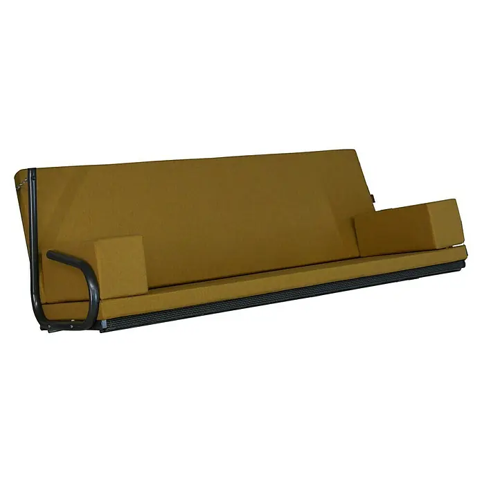 Ersatzkissen - Passend für: Hollywoodschaukel Elegance Tolar, Ocker - Nahaufnahme eines gelben Schlafsofas mit Metallgestell. Das Sofa ist einfach und modern gestaltet.