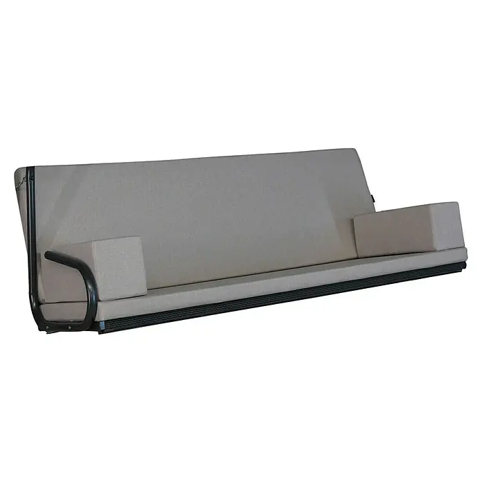 ErsatzkissenPassend für: Hollywoodschaukel Elegance Tolar, Beige - Nahaufnahme einer modernen Schlafcouch mit grauem Bezug und Metallrahmen, ideal für kleine Räume oder als Gästebett.
