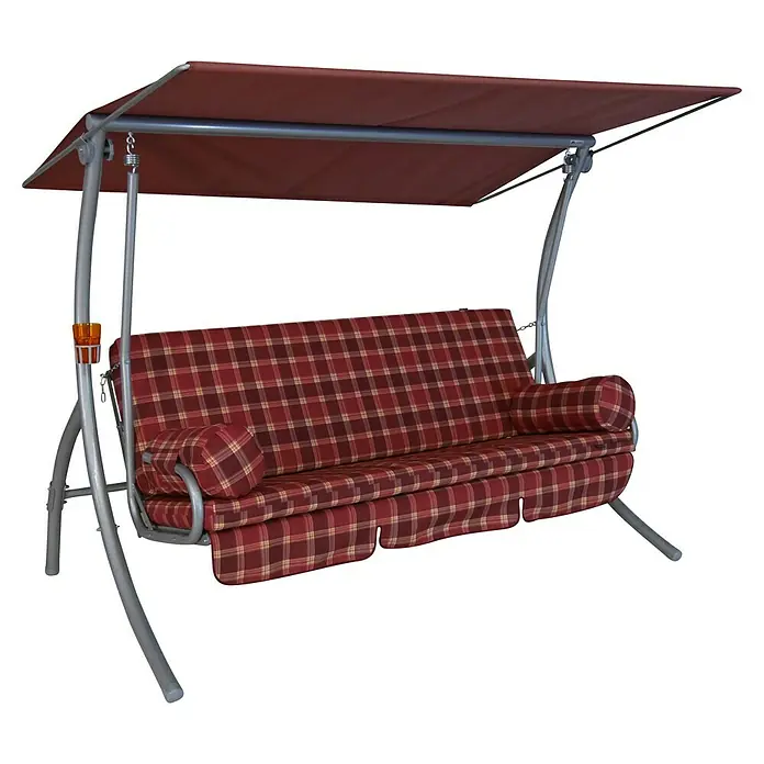 Hollywoodschaukel Dream - B x T x H: 210 x 145 x 160 cm, Rio bordeaux, Liegefunktion - Elegante Gartenschaukel mit rot kariertem Polster und Sonnendach. Perfekt für entspannte Stunden im Freien und stilvolle Ergänzung für jeden Garten.