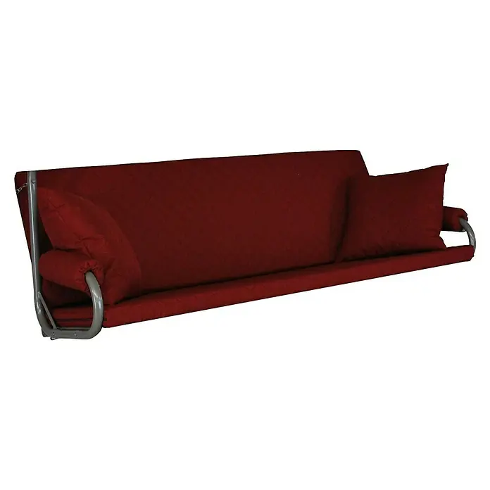 Ersatzkissen - Passend für: Hollywoodschaukel Elegance Joy, Bordeaux - Nahaufnahme einer weinroten Hollywoodschaukel mit silbernem Gestell und bequemen Kissen, ideal für entspannte Stunden im Garten.