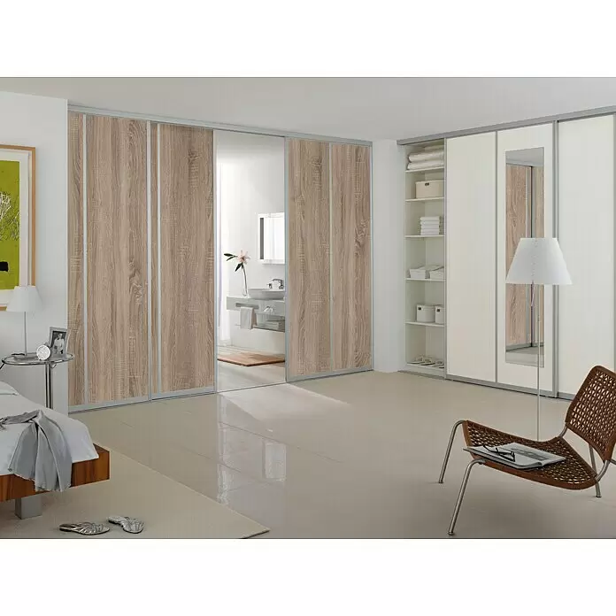 Room Plaza Easy Schiebetür-Bau-Set - Eiche geplankt/Eiche Trüffel, Farbe Beschlag: Silber - Stimmungsaufnahme