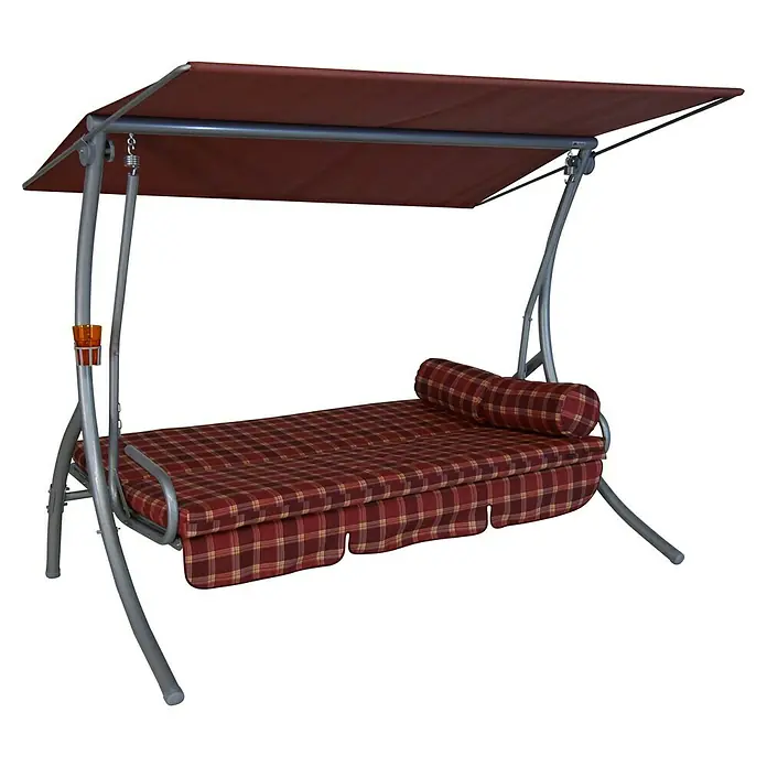 Hollywoodschaukel Dream - B x T x H: 210 x 145 x 160 cm, Rio bordeaux, Liegefunktion - Abbildung einer komfortablen Schaukelbank mit karierten Polstern und einem schützenden Dach. Perfekt für entspannende Stunden im Freien.