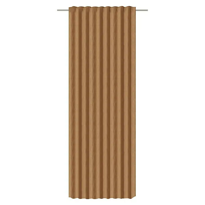 Elbersdrucke Schlaufenschal Sunny - B x H: 140 x 255 cm, 100% Polyester, Rostrot - Ein beigefarbener Vorhang, der an einer silbernen Stange hängt, der ein warmes und einladendes Ambiente in jeden Raum bringt.