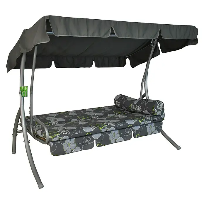 Hollywoodschaukel Trend - B x T x H: 210 x 145 x 160 cm, Meran Grau, Liegefunktion - Abgebildete graue Gartenschaukel mit Blumendruck und Sonnendach für entspannte Stunden im Freien. Bequemes Design lädt zum Verweilen ein.