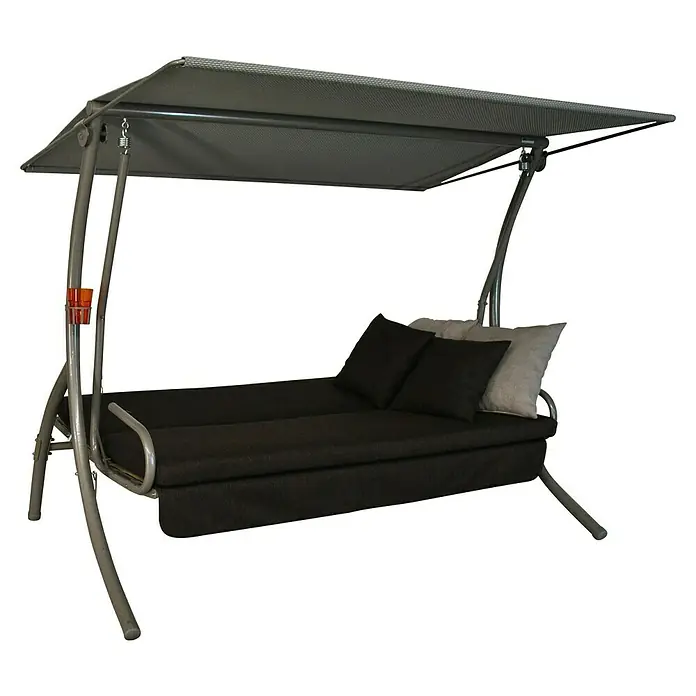 Hollywoodschaukel Drift Smart - B x T x H: 210 x 145 x 160 cm, Coffee, Liegefunktion - Eine graue Schaukel mit einer Matratze und Kissen unter einem grauen Baldachin, perfekt für entspannende Stunden im Freien.