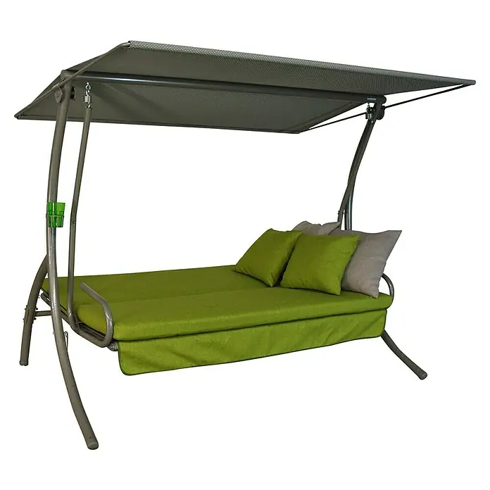 Hollywoodschaukel Drift Smart - B x T x H: 210 x 145 x 160 cm, Lime, Liegefunktion - Detailaufnahme einer grauen Hollywoodschaukel mit grünen Kissen und einer grauen Überdachung auf schwarzem Hintergrund.