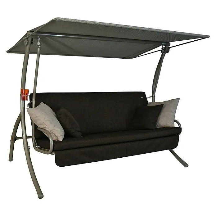 Hollywoodschaukel Drift Smart - B x T x H: 210 x 145 x 160 cm, Coffee, Liegefunktion - Eine stilvolle Hollywoodschaukel mit grauem Gestell und bequemen Kissen, perfekt für entspannte Stunden im Garten.
