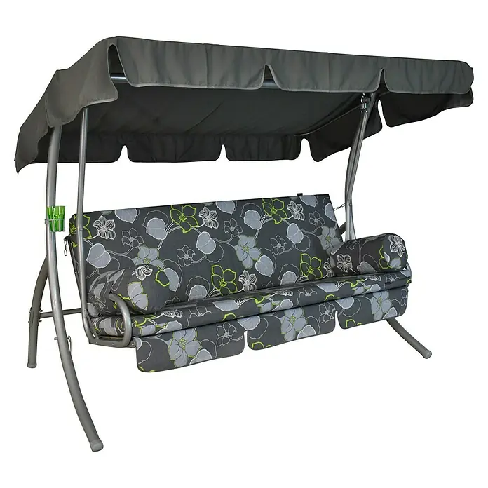 Hollywoodschaukel Trend - B x T x H: 210 x 145 x 160 cm, Meran Grau, Liegefunktion - Garten Hollywoodschaukel mit grauem Blumendruck und praktischen Getränkehaltern für entspannte Stunden im Freien.