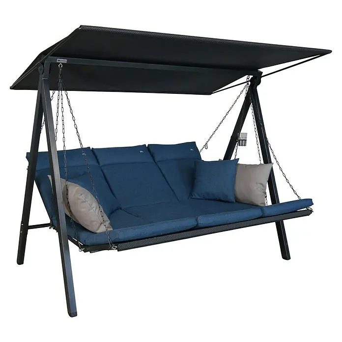 Hollywoodschaukel Lounge Smart - B x T x H: 210 x 145 x 160 cm, Denim, Liegefunktion - Stilvolle Hollywoodschaukel mit blauem Bezug und dunklem Baldachin für entspannte Stunden im Garten.