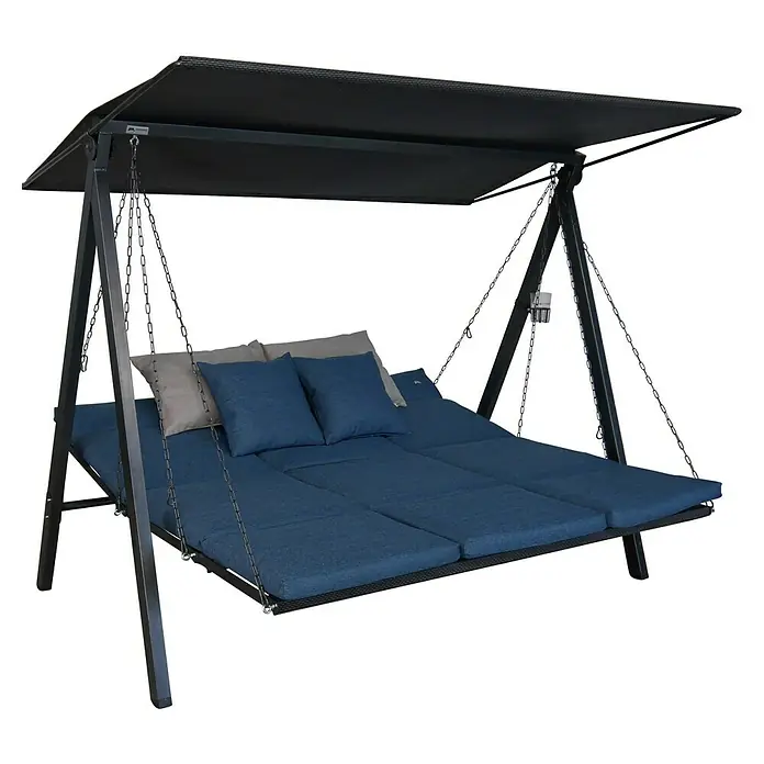 Hollywoodschaukel Lounge Smart - B x T x H: 210 x 145 x 160 cm, Denim, Liegefunktion - Eine stilvolle Hängeliege mit dunklem Gestell, blauen Kissen und Überdachung für entspannte Stunden im Freien.