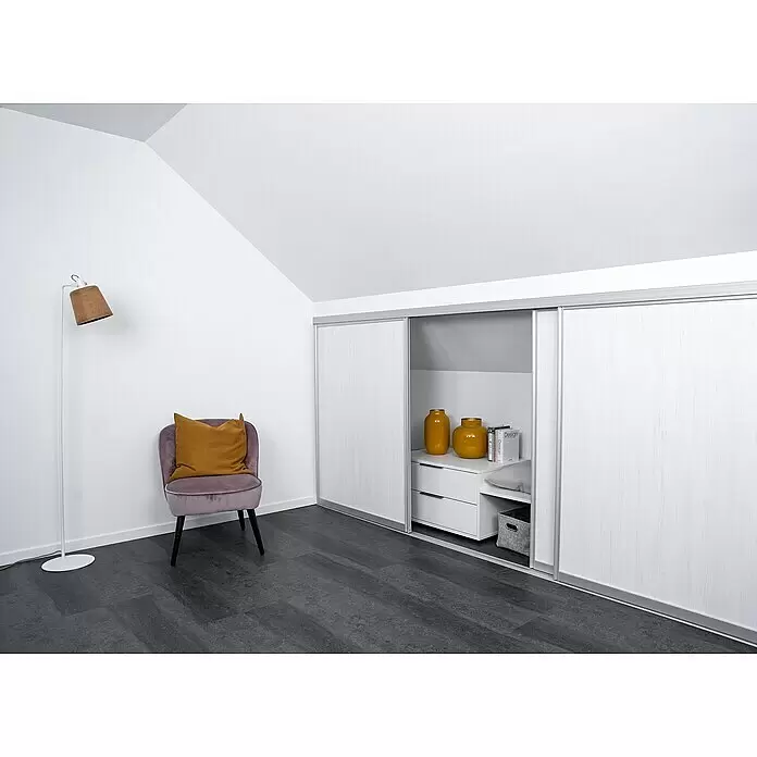 Room Plaza Easy Doing Schiebetür-Bau-Set Kniestock - Pinie weiß, Farbe Beschlag: Silber - Weißer Schiebetürenschrank in Holzoptik mit silbernen Rahmen, für Dachschrägen mit Regalen und Schubladen innen.