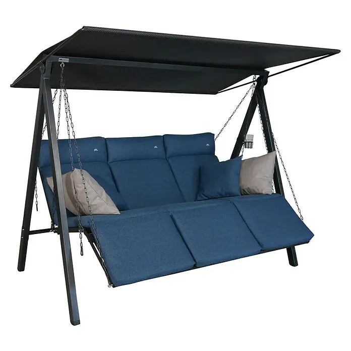 Hollywoodschaukel Lounge Smart - B x T x H: 210 x 145 x 160 cm, Denim, Liegefunktion - Gartenhängebank mit blauem Sitz und Kissen unter einem schwarzen Baldachin, ideal zum Entspannen im Freien.