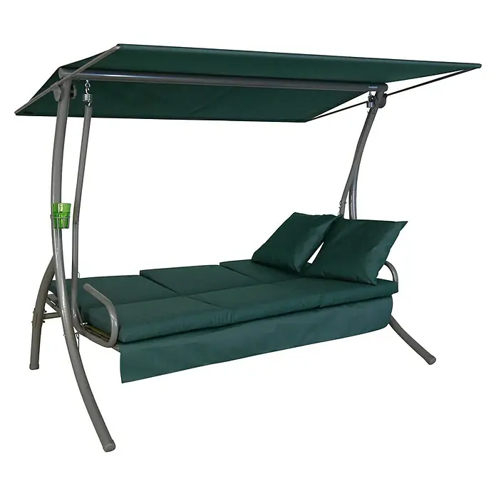 Hollywoodschaukel Loft Sun - B x T x H: 210 x 145 x 160 cm, Grün, Liegefunktion - Eine grüne Outdoor-Hängeliege mit Überdachung und Kissen. Ideal zum Entspannen im Garten oder auf der Terrasse.