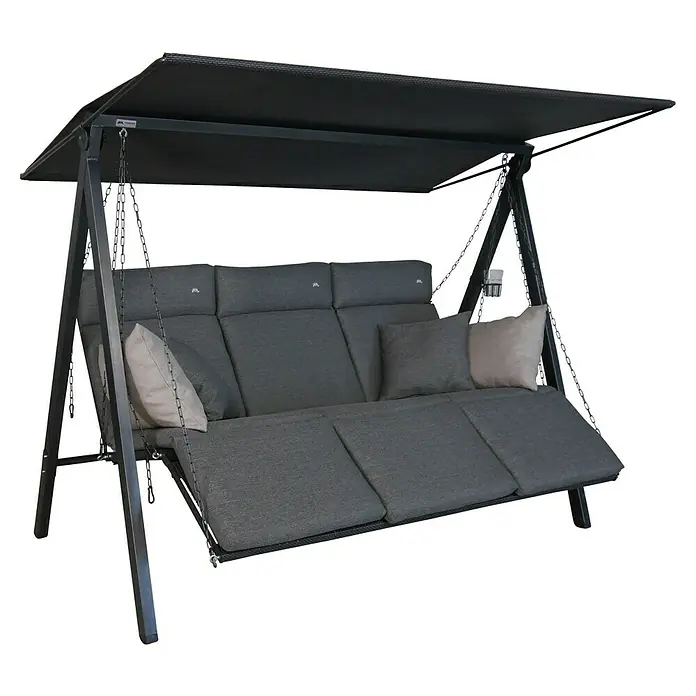 Hollywoodschaukel Lounge Smart - B x T x H: 210 x 145 x 160 cm, Stone, Liegefunktion - Eine stilvolle, graue Hollywoodschaukel mit bequemen Kissen und einem schützenden Dach für entspannte Stunden im Freien.