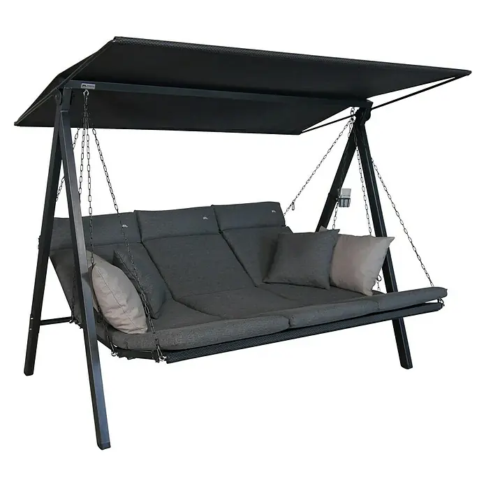 Hollywoodschaukel Lounge Smart - B x T x H: 210 x 145 x 160 cm, Stone, Liegefunktion - Hier ist eine stilvolle Hollywoodschaukel mit grauem Polster und einem schwarzen Dach. Die Schaukel bietet Komfort und Schutz vor der Sonne.