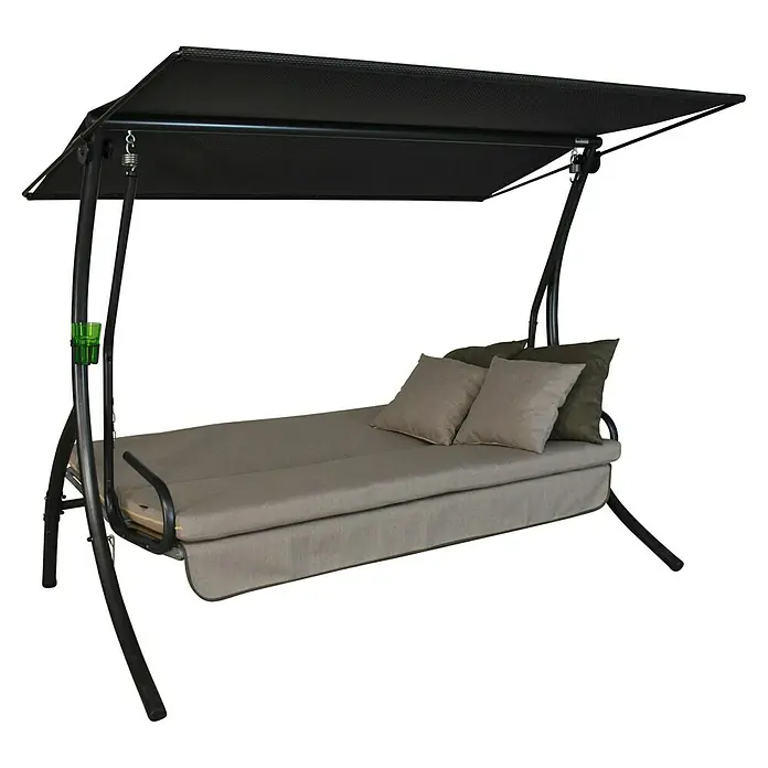 Hollywoodschaukel Drift Smart - B x T x H: 210 x 145 x 160 cm, Sand, Liegefunktion - Eine stilvolle, schwarze Schaukelbank mit beigen Kissen und einem schützenden Dach, perfekt für entspannte Stunden im Freien.