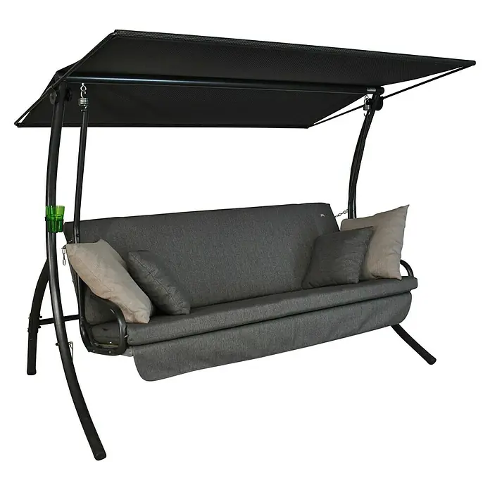 Hollywoodschaukel Drift Smart - B x T x H: 210 x 145 x 160 cm, Stone, Liegefunktion - Eine elegante Gartenschaukel mit schwarzem Rahmen, grauen Kissen und einem schützenden Dach. Ideal für entspannte Stunden im Freien.