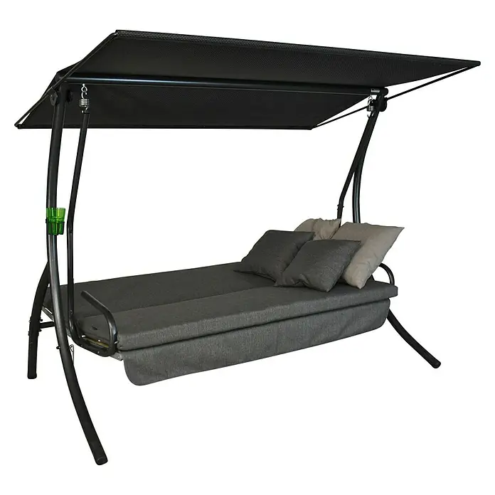 Hollywoodschaukel Drift Smart - B x T x H: 210 x 145 x 160 cm, Stone, Liegefunktion - Eine stilvolle Gartenschaukel mit grauem Polster und dunklem Sonnendach. Ideal zum Entspannen im Freien.