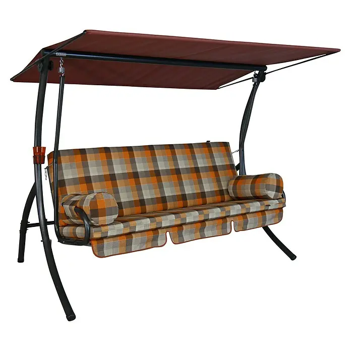 Hollywoodschaukel Dream - B x T x H: 210 x 145 x 160 cm, Glasgow terra, Liegefunktion - Eine detailreiche Aufnahme einer Gartenschaukel mit kariertem Muster und einem dunkelroten Sonnendach.