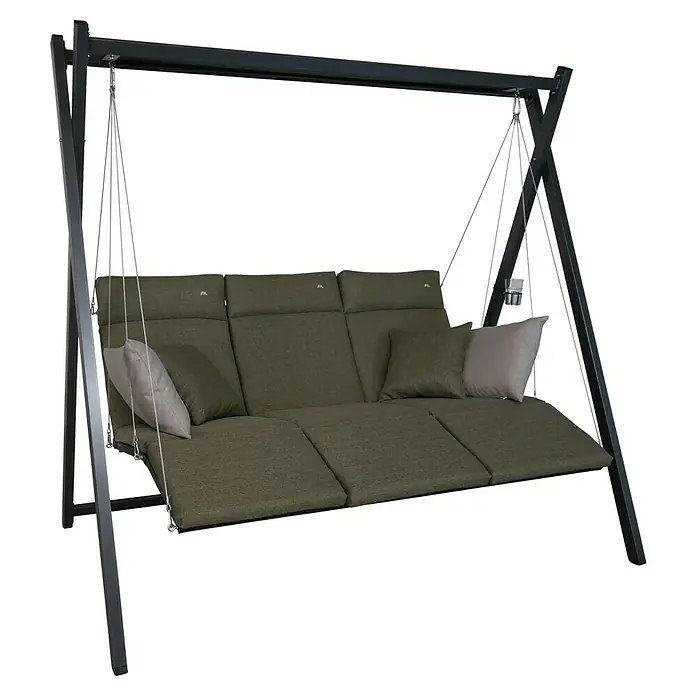 Hollywoodschaukel Relax Smart - B x T x H: 220 x 150 x 210 cm, Olive, Liegefunktion - Eine elegante Gartenschaukel mit komfortablen Auflagen und Kissen, ideal zum Entspannen im Freien.