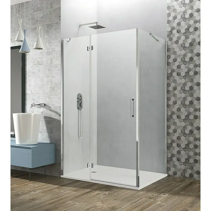 GME Mampara de ducha esquinera Glass Combi C - L x An x Al: 80 x 90 x 195 cm, Plata Brillo, L x An x Al: 80 x 90 (25/65) x 195 cm - Cabina de ducha con paneles de vidrio transparente y un diseño moderno, ideal para un baño elegante.