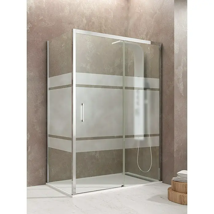 GME Mampara de ducha frontal Aktual Frontal + Lateral - L x An x Al: 70 x 140 x 195 cm, Plata Brillo, Espesor de vidrio: 8 mm, Vidrio serigrafiado - Elegante cabina de ducha con franjas satinadas para privacidad y un diseño moderno. La alta calidad artesanal mejora la experiencia.