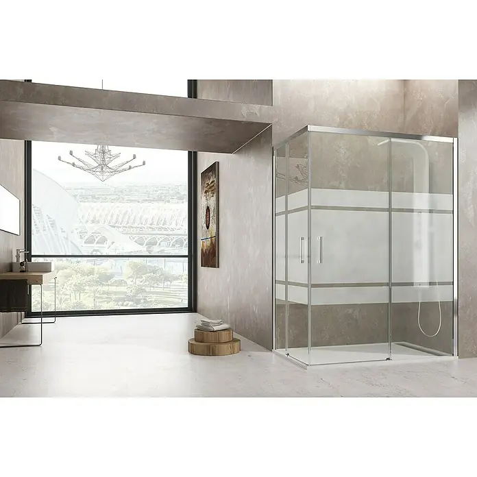 GME Mampara de ducha esquinera Aktual Angular - L x An x Al: 70 x 130 x 195 cm, Plata brillo, Vidrio serigrafiado - Elegante cabina de ducha con rayas de vidrio satinado para mayor privacidad en un baño moderno.