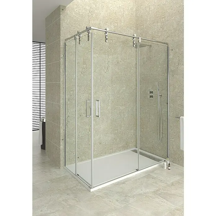 GME Mampara de ducha esquinera Moving Angular - L x An x Al: 80 x 90 x 199 cm, Vidrio transparente, Cromo - Cabina de ducha moderna con paneles de vidrio transparente y un sistema de puertas correderas que realza un diseño de baño minimalista.