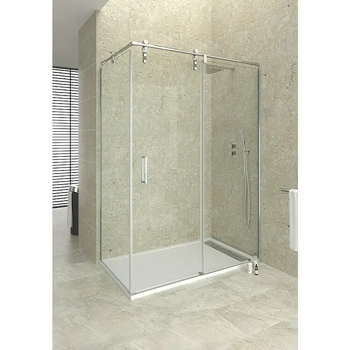 GME Mampara de ducha frontal Moving - 150 x 199 cm, Vidrio transparente, Longitud regulable: 87 cm - 150 cm, Cromo - Una moderna cabina de ducha sin marco con puertas correderas y herrajes cromados ofrece elegancia y funcionalidad para cualquier baño.