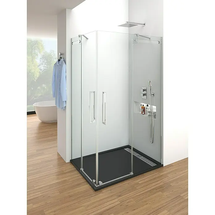 GME Mampara de ducha esquinera Vetrum Angular - L x An x Al: 70 x 90 x 202 cm, Vidrio transparente - Una moderna cabina de ducha con paneles de vidrio transparente y plato de ducha oscuro, que realza un diseño de baño elegante.