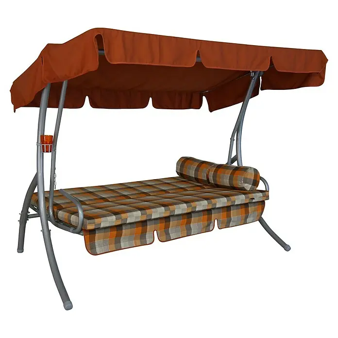 Hollywoodschaukel Trend - B x T x H: 210 x 145 x 160 cm, Glasgow Terra, Liegefunktion - Gartenliegeschaukel mit orangefarbenem Bezug und kariertem Kissen für entspannte Stunden im Freien.