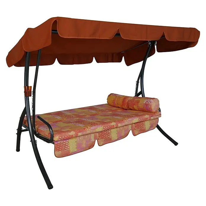 Hollywoodschaukel Trend - B x T x H: 210 x 145 x 160 cm, California, Liegefunktion - Elegante Gartenschaukel mit orangefarbenem Sonnendach und gemusterter Liegefläche für entspannte Stunden im Freien.