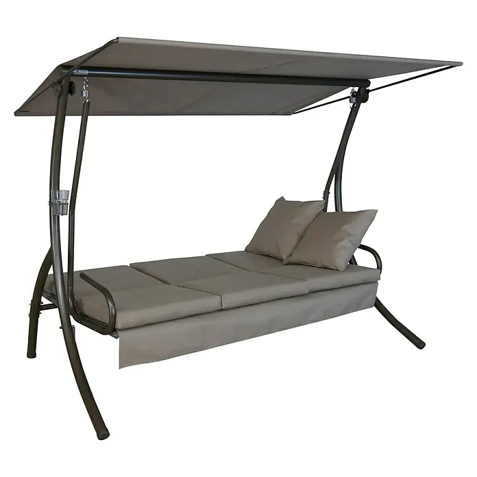 Hollywoodschaukel Loft Sun - B x T x H: 210 x 145 x 160 cm, Taupe, Liegefunktion - Eine stilvolle Gartenschaukel mit bequemen Polstern und einem schützenden Sonnendach für entspannte Stunden im Freien.