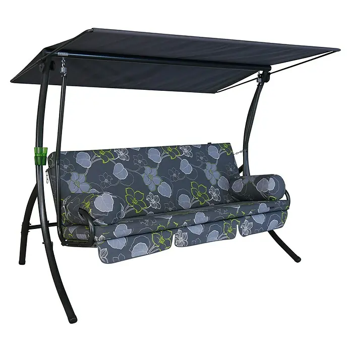 Hollywoodschaukel Dream - B x T x H: 210 x 145 x 160 cm, Grau, Liegefunktion - Abbildung einer Outdoor-Gartenschaukel mit einem grauen, floral gemusterten Kissen und einem Baldachin zum Schutz vor der Sonne.