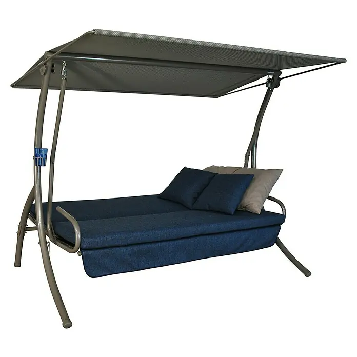 Hollywoodschaukel Drift Smart - B x T x H: 210 x 145 x 160 cm, Denim, Liegefunktion - Abbildung einer grauen Schaukelliege mit Überdachung und blauen Kissen, die zum Entspannen im Freien einlädt.