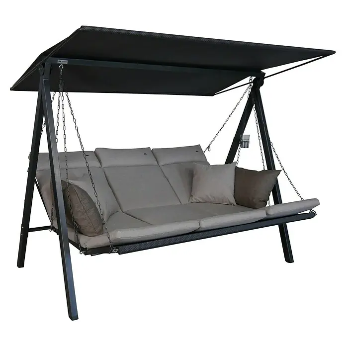 Hollywoodschaukel Lounge Smart - B x T x H: 210 x 145 x 160 cm, Sand, Liegefunktion - Elegante Hollywoodschaukel mit schwarzen Rahmen, grauen Kissen und Sonnendach für entspannte Stunden im Garten.