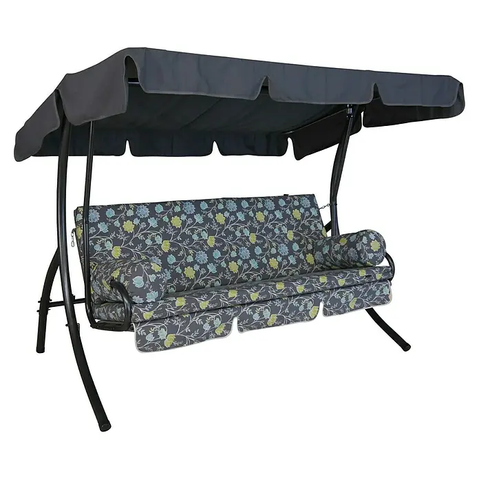 Hollywoodschaukel Trend - B x T x H: 210 x 145 x 160 cm, Riva, Liegefunktion - Eine Gartenschaukel mit grauem Bezug und floralem Muster. Die Schaukel hat ein schützendes Dach und bietet Platz zum Entspannen im Freien.