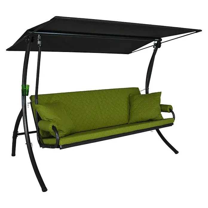 Hollywoodschaukel Elegance Joy - B x T x H: 210 x 145 x 160 cm, Grün, Liegefunktion - Diese Aufnahme zeigt eine Gartenschaukel mit einem grünen Kissen und einer schwarzen Überdachung, ideal zum Entspannen im Freien.